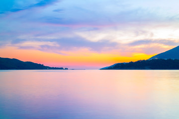 Fototapeta na wymiar Awesome colorful sunset on the Adriatic sea near Budva city in Montenegro, gorgeous seascape