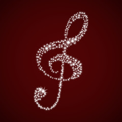 Obraz premium Shiny music treble clef. Vector illustration. Stars on a Burgundy background.
