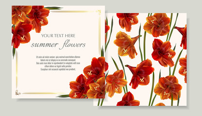 Vector banners set with Luxurious bright red Hippeastrum flowers.Template for greeting cards, wedding decorations, invitation ,sales. Spring or summer design. Place for text.
