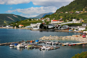View of Ullensvang village at the Hardanger fjord, Hordaland county, Norway.