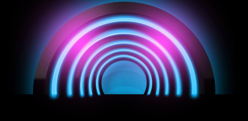 Round arch is suspended by neon light, Neon background