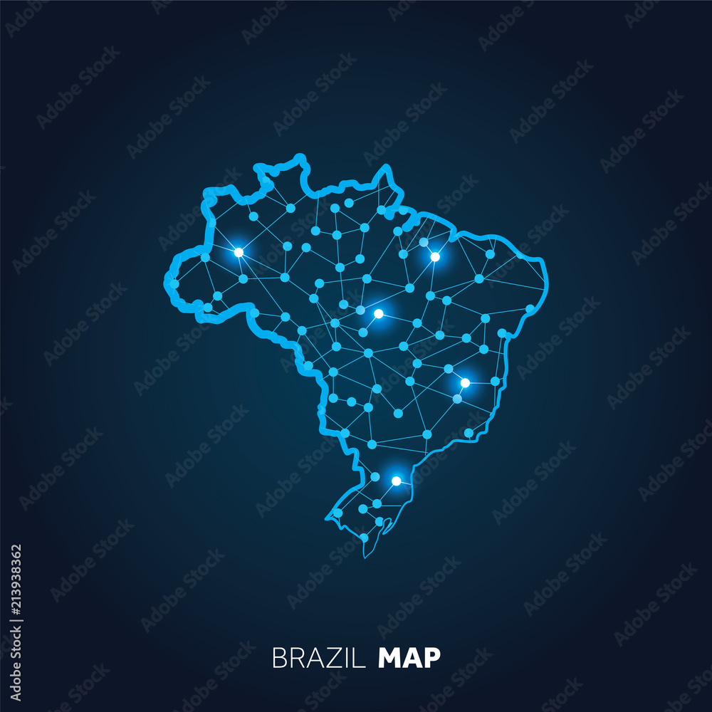 Wall mural Map of Brazil made with connected lines and glowing dots. - Wall murals