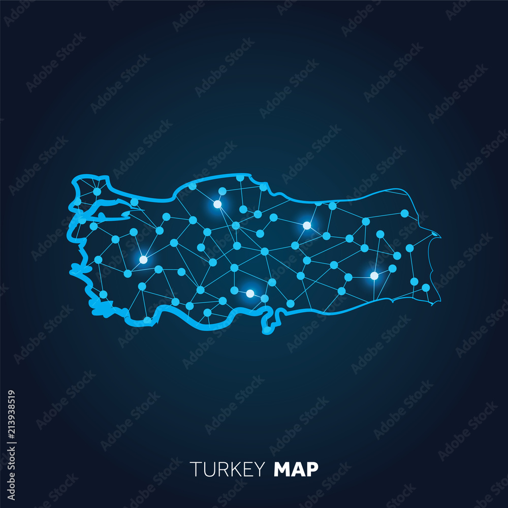 Wall mural Map of Turkey made with connected lines and glowing dots.