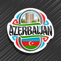 Vector logo for Azerbaijan country, fridge magnet with azerbaijanian state flag, original brush typeface for word azerbaijan and national symbol - Maiden Tower in Baku on blue cloudy sky background.