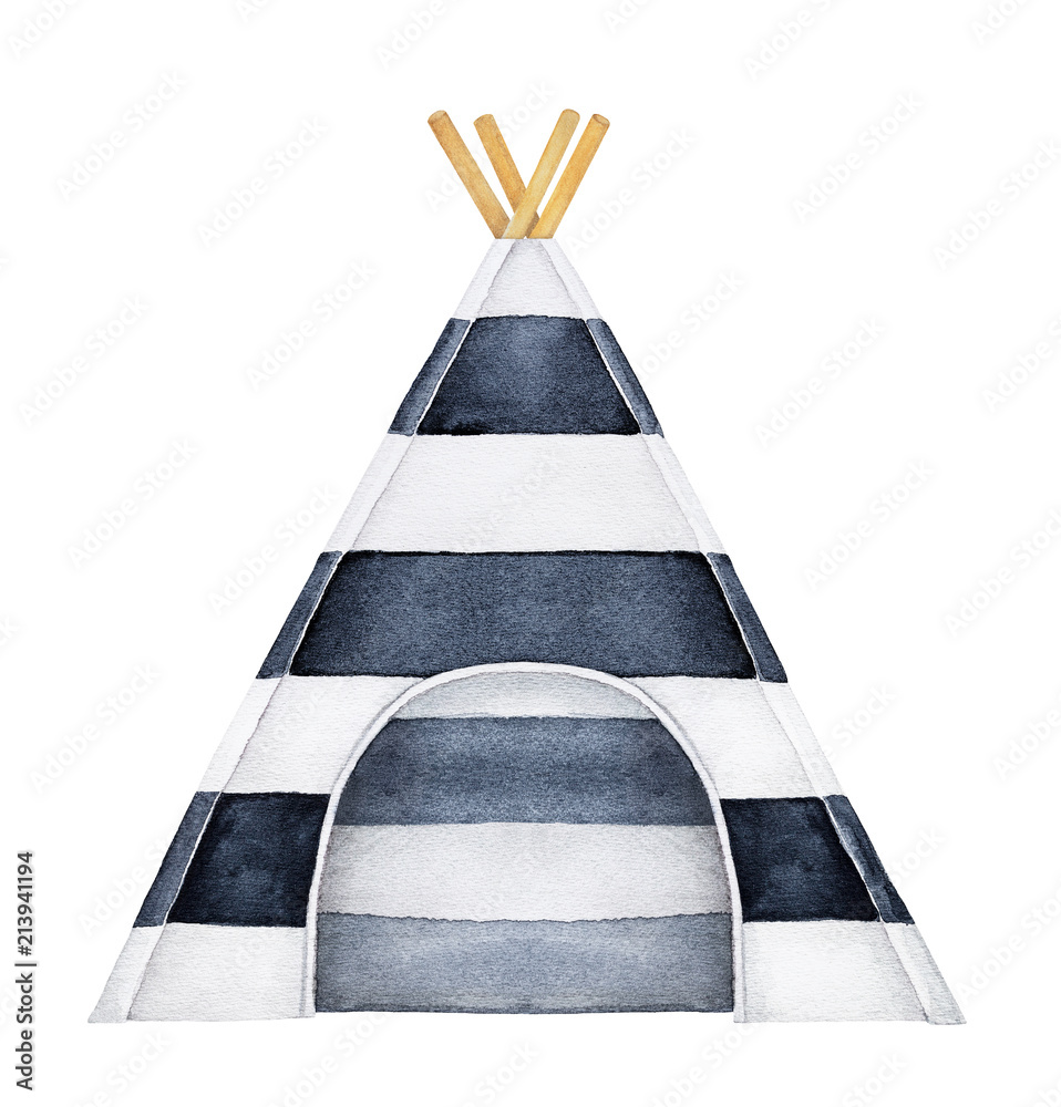 Wall mural Cosy teepee tent illustration. One single object, black and white stripes pattern, beautiful textile design, front view. Hand drawn watercolour painting on white background, isolated clip art element.