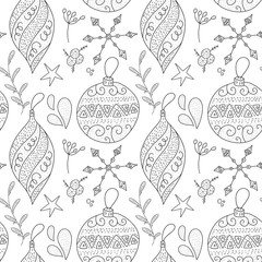 Christmas vector seamless pattern with detailed holiday illustrations. Outline Christmas decorations - twigs, snowflakes and toys.