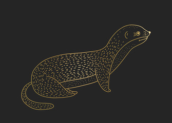 Outline vector golden weasel icon on a black background. Detailed animal illustration.