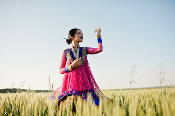 Tender indian girl in saree, with violet lips make up posed at field in sunset. Fashionable india model.