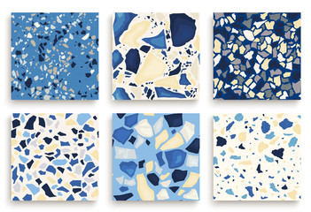 Naklejka premium Six seamless terrazzo patterns. Hand crafted and unique patterns repeating background. Granite textured shapes in vibrant colors
