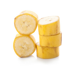 Banana slices isolated on a white background. Flat lay, top view