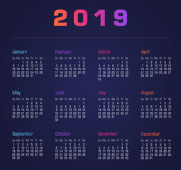 Calendar 2019 new year in clean minimal modern style , Week starts from Sunday. Business vector template