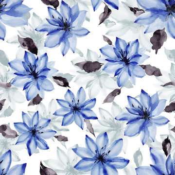 Beautiful blue flowers with leaves on white background. Seamless floral pattern. Watercolor painting. Hand painted botanical illustration
