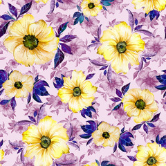 Beautiful yellow simple flowers with purple leaves and their outlines on pink background. Watercolor painting. Hand drawn illustration.