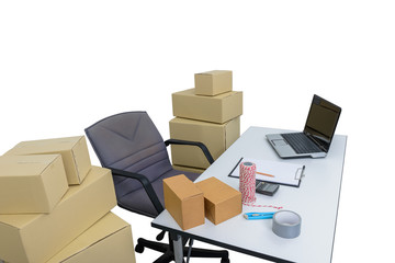 Desks and office equipment, computer laptop. business and online order shipping supplies, Delivery and package.