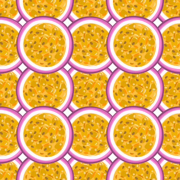 Seamless pattern with tropical fruits. Healthy dessert. Fruity background. Passion fruit. Exotic food. Wrapping, print on clothes, wallpaper, summer banner. Vector illustration, eps10