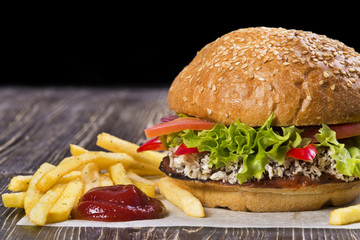 Craft beef burger and french fries