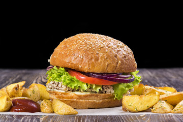 Craft beef burger and french fries