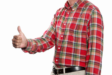 thumb up concept: man make thumb up gesture isolated on withe back with copy space and clipping path included