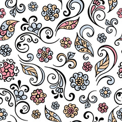Fototapeta premium Floral ornament seamless pattern, curls, decorative leaves, lace. Hand drawn vector illustration.