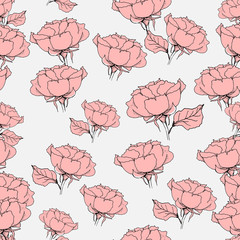 Seamless pattern with pink roses on grey background. Vector illustration