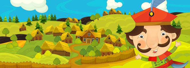 Obraz na płótnie Canvas cartoon scene with nobleman near the farm village - illustration for children