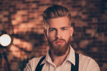 Close up portrait of handsome attractive virile masculine stunning serious confident focused self-assured elegant classy posh arrogant executive dreamy pensive stylist trendy designer hairdresser