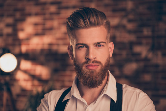 Close up portrait of handsome attractive virile masculine stunning serious confident focused self-assured elegant classy posh arrogant executive dreamy pensive stylist trendy designer hairdresser