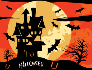 Illustrations for Halloween , The big house has bats flying around.