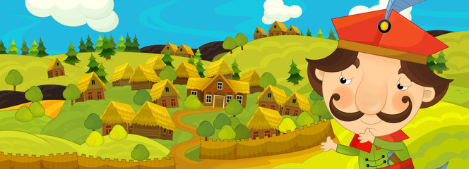 cartoon scene with nobleman near the farm village - illustration for children