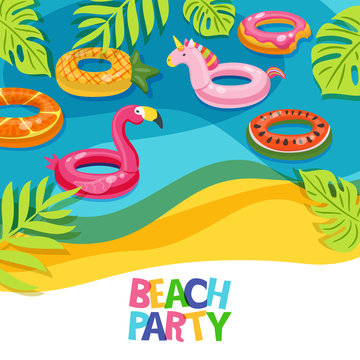 Sea beach or swimming pool with float rings flamingo, unicorn, watermelon. Vector hand drawn doodle illustration. Multicolor inflatable kids toys. Trendy design concept for summer poster or banner.