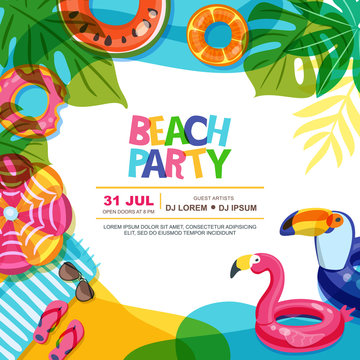 Beach party vector summer poster design template. Swimming pool with float rings doodle illustration. Multicolor inflatable kids toys. Trendy design concept for summer poster or banner.