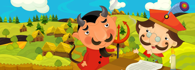 cartoon scene with nobleman and devil near the farm village - illustration for children