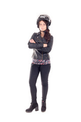 young female biker isolated in white