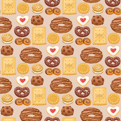 Cookie cakes top view sweet homemade breakfast bake food biscuit pastry seamless pattern background vector illustration.
