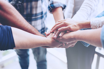 People hand assemble as a connection meeting teamwork concept. Group of people colleague assembly...