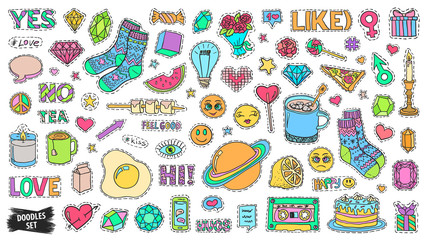 Patch badges set. Doodle sketch vector. Comic stickers. Social media emoji. Pop art. Cute and funny doodles. College fashionable pins.
