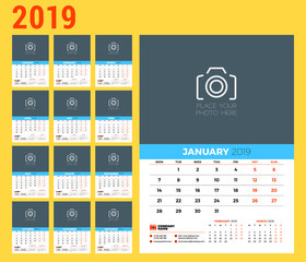 Wall calendar planner template for 2019 year. Set of 12 months. Week starts on Monday. Vector illustration