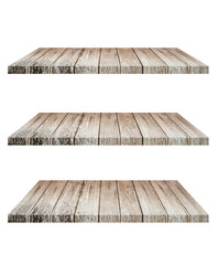Set of empty brown wooden shelf isolated on white background. for montage of your product