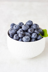 Fresh blueberries in a white vintage ceramic bowl with mint on light grey background. Copy space