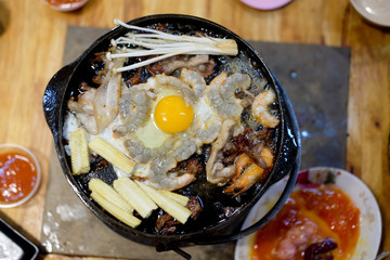 Grilled raw shrimp with baby corn and egg (barbeque, bbq)