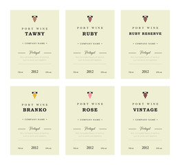 Port wine labels. Vector premium template set. Clean and modern design. Towny, Ruby, Reserve, Branco, Rose, Vintage. Red wine. White wine. National Portuguese Wine.