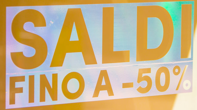 Italian shopping sale banner up to fifty percent off, special offer, saldi fino a 50%