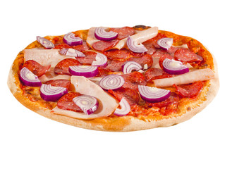 Pizza with ham and onions