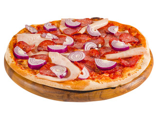 Pizza with ham and onions