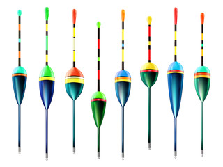 Fishing bobbers set hooks realistic collection isolated © ADELART