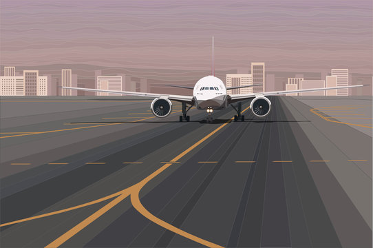 White passenger airplane on the airport runway vector illustration