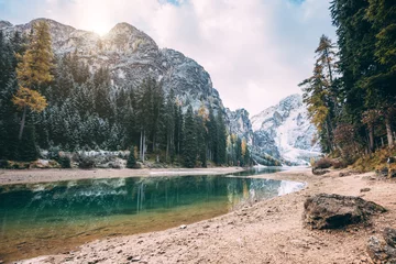 Zelfklevend Fotobehang Great alpine lake Braies (Pragser Wildsee). Location place Dolomiti, national park Fanes-Sennes-Braies, South Tyrol, Italy. © Leonid Tit