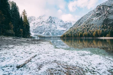 Fotobehang Great alpine lake Braies (Pragser Wildsee). Location place Dolomiti, national park Fanes-Sennes-Braies, South Tyrol, Italy. © Leonid Tit