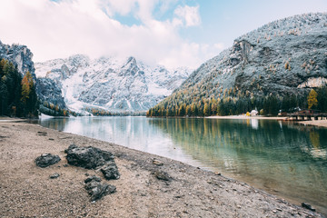 Great alpine lake Braies (Pragser Wildsee). Location place Dolomiti, national park Fanes-Sennes-Braies, South Tyrol, Italy.