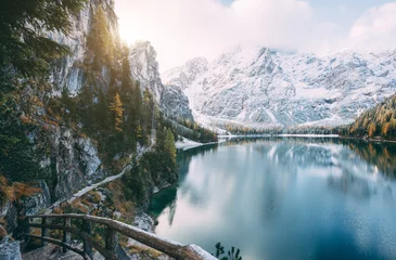 Foto op Plexiglas Great alpine lake Braies (Pragser Wildsee). Location place Dolomiti, national park Fanes-Sennes-Braies, South Tyrol, Italy. © Leonid Tit